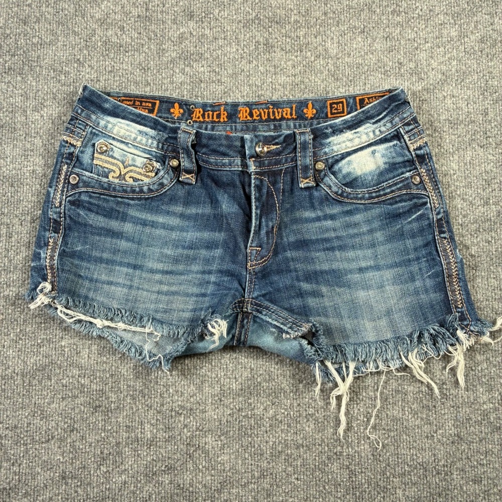 Rock Revival Ashley Boot Shorts Womens 29 Blue Low Rise Embellished Cutoff Y2K